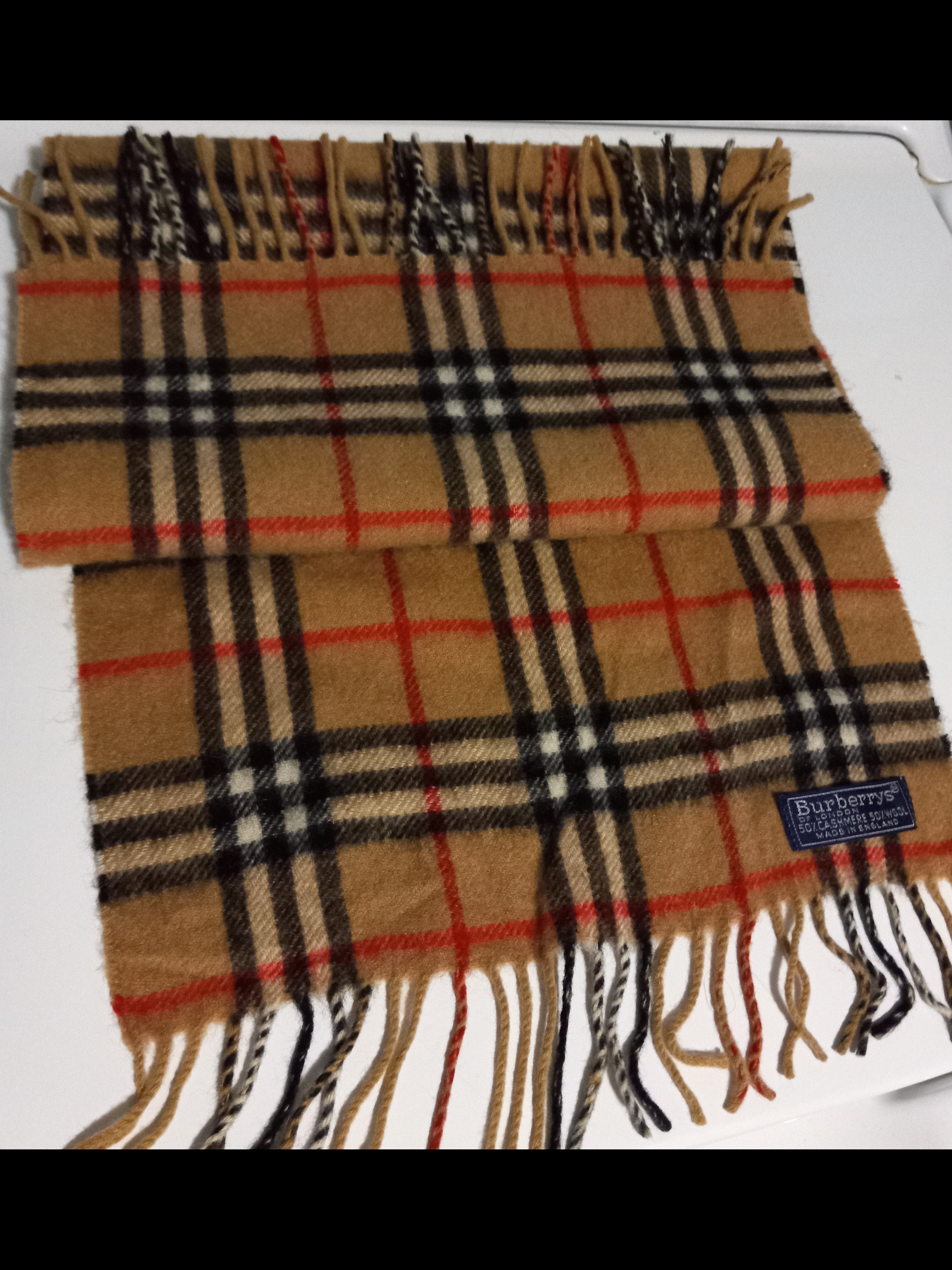 Burberry Nova Check Wool Scarf With Red And Black Accents
